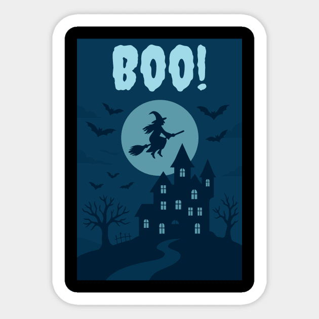 BOO! Halloween Witch Flying Over Haunted House – Spooky Halloween Art Sticker by DonWillisJrArt